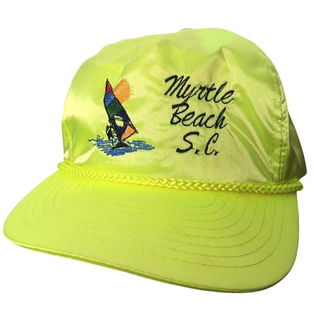 Vintage Myrtle Beach South Carolina Satin Yellow Cap Windsurfing Sail Nissin Hat